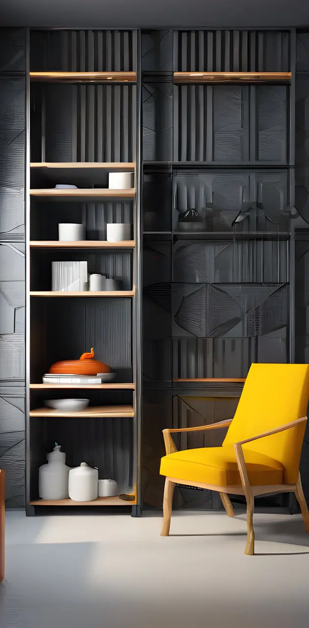 a chair and a shelf with objects on it