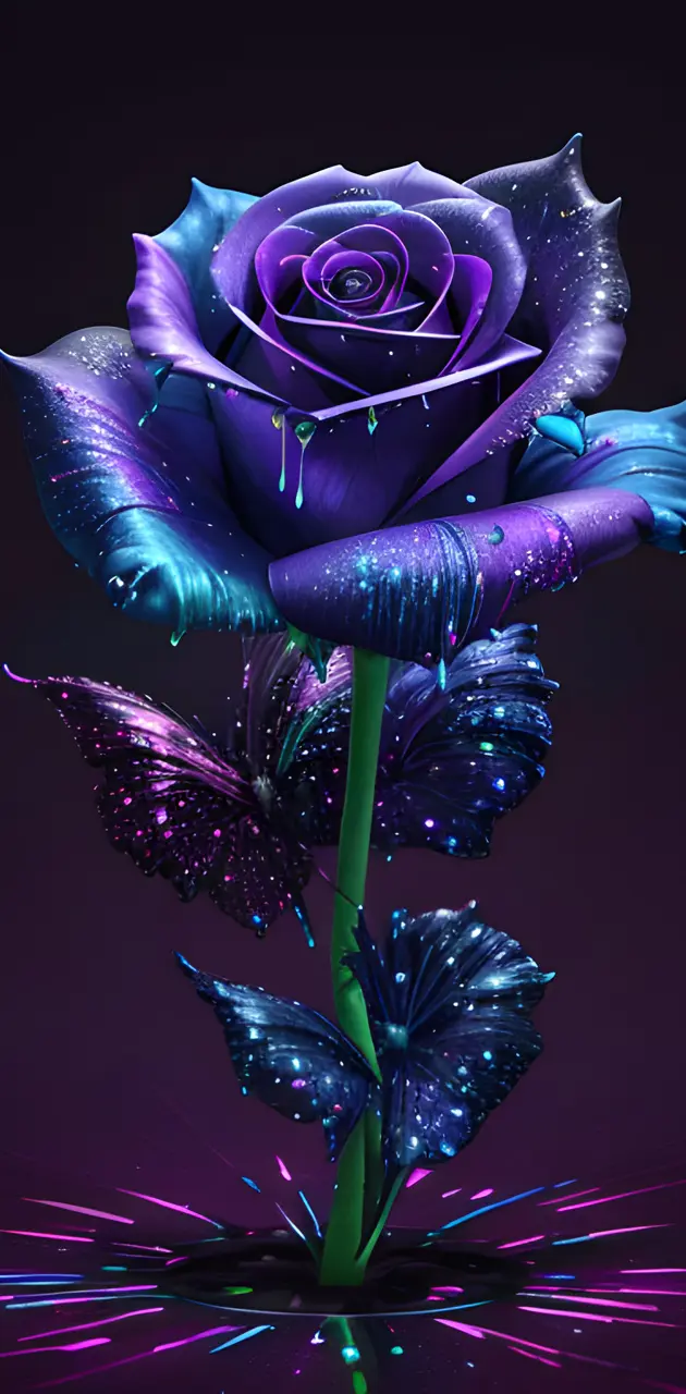 a purple rose with green leaves