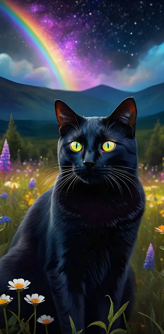 a black cat in a field of flowers with a mountain in the background