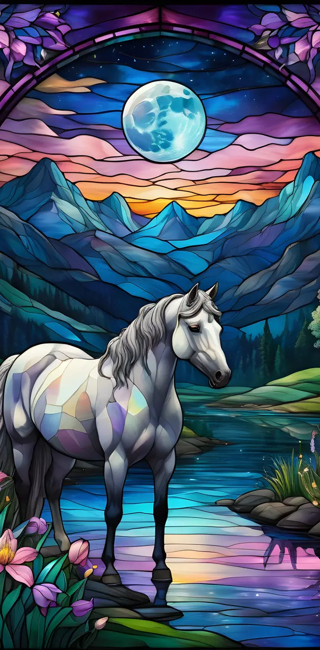 stained glass horse in a magical landscape