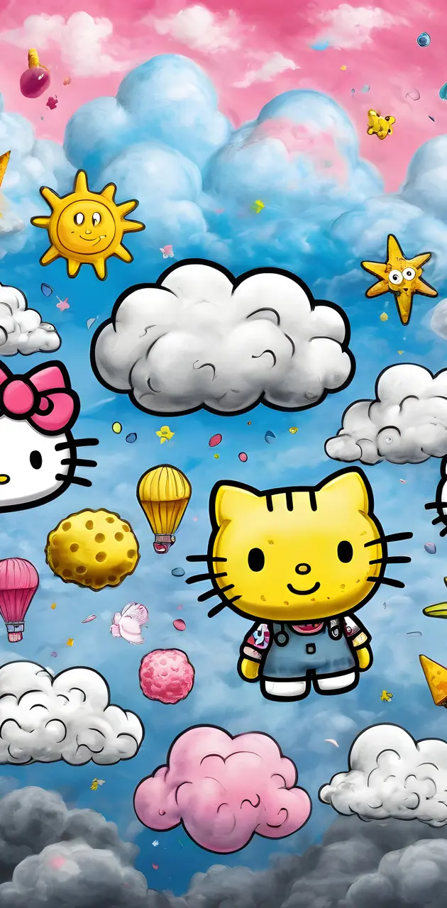 a group of clouds with cartoon characters