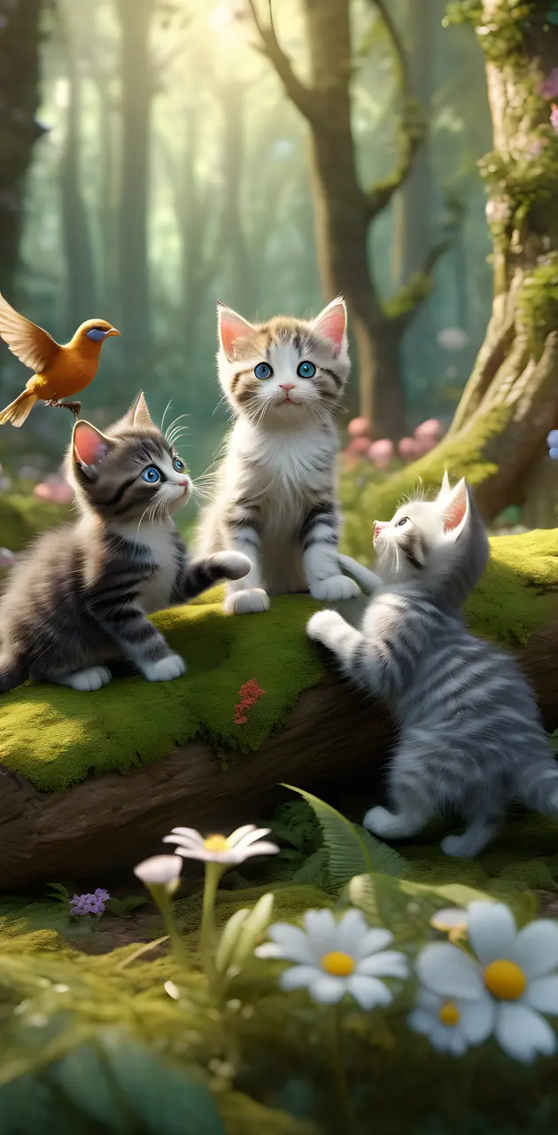 a group of cats sitting on a tree stump