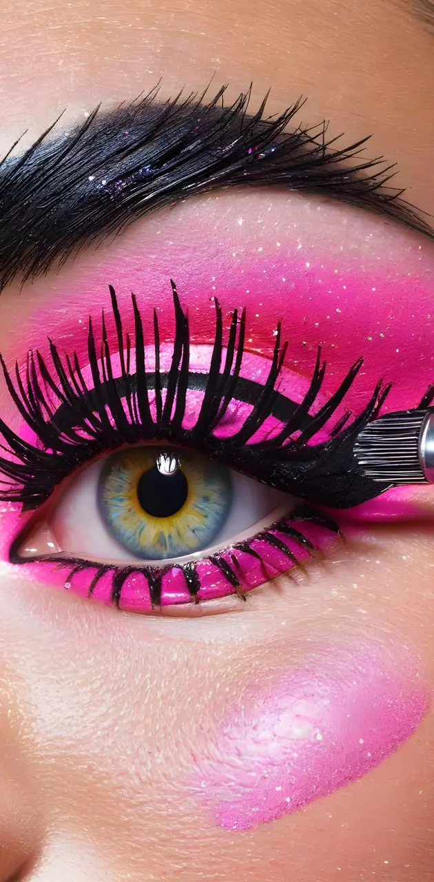 Bright pink eye, makeup, mascara, eyelashes, brushing on makeup