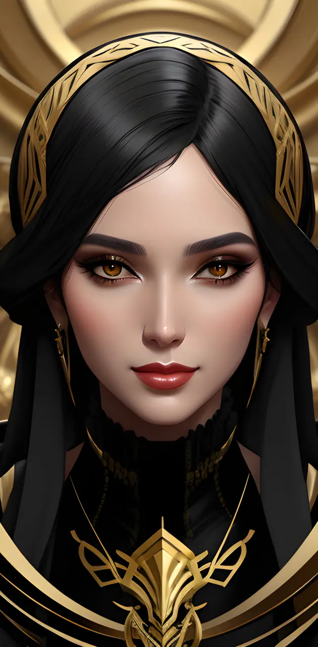 a woman with a black headdress and a gold necklace