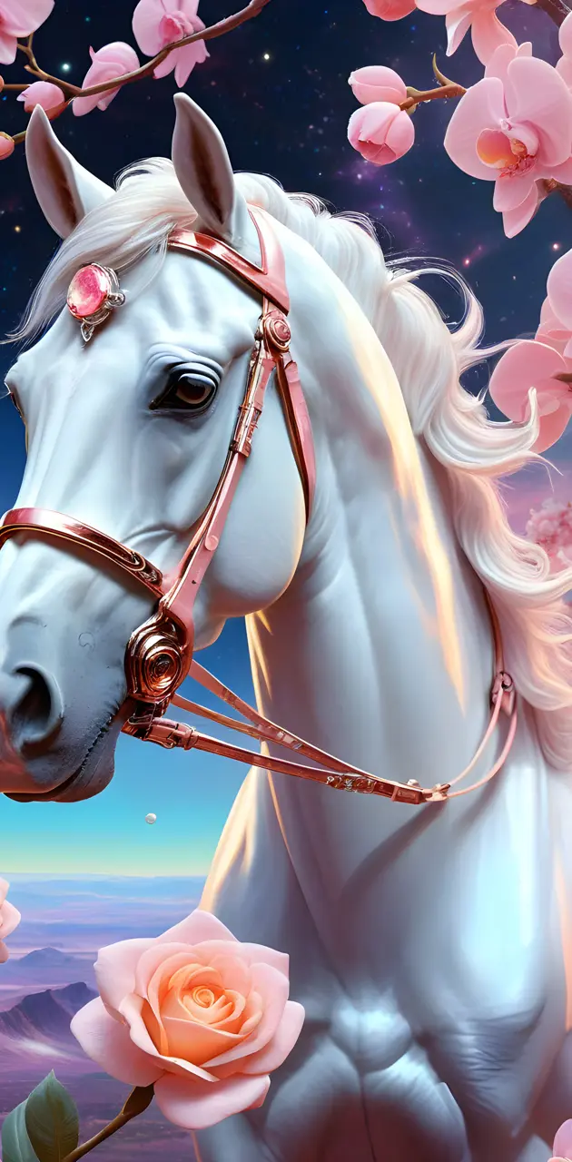 a white horse with a white headband and pink flowers