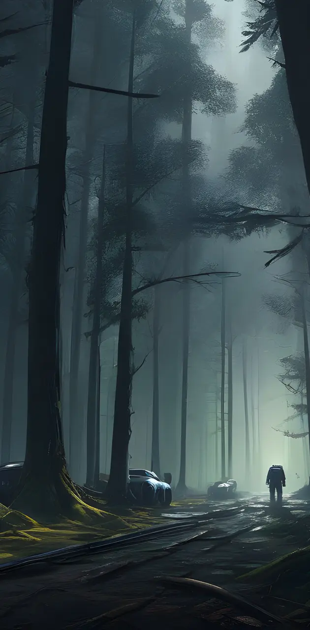 a person walking in a foggy forest