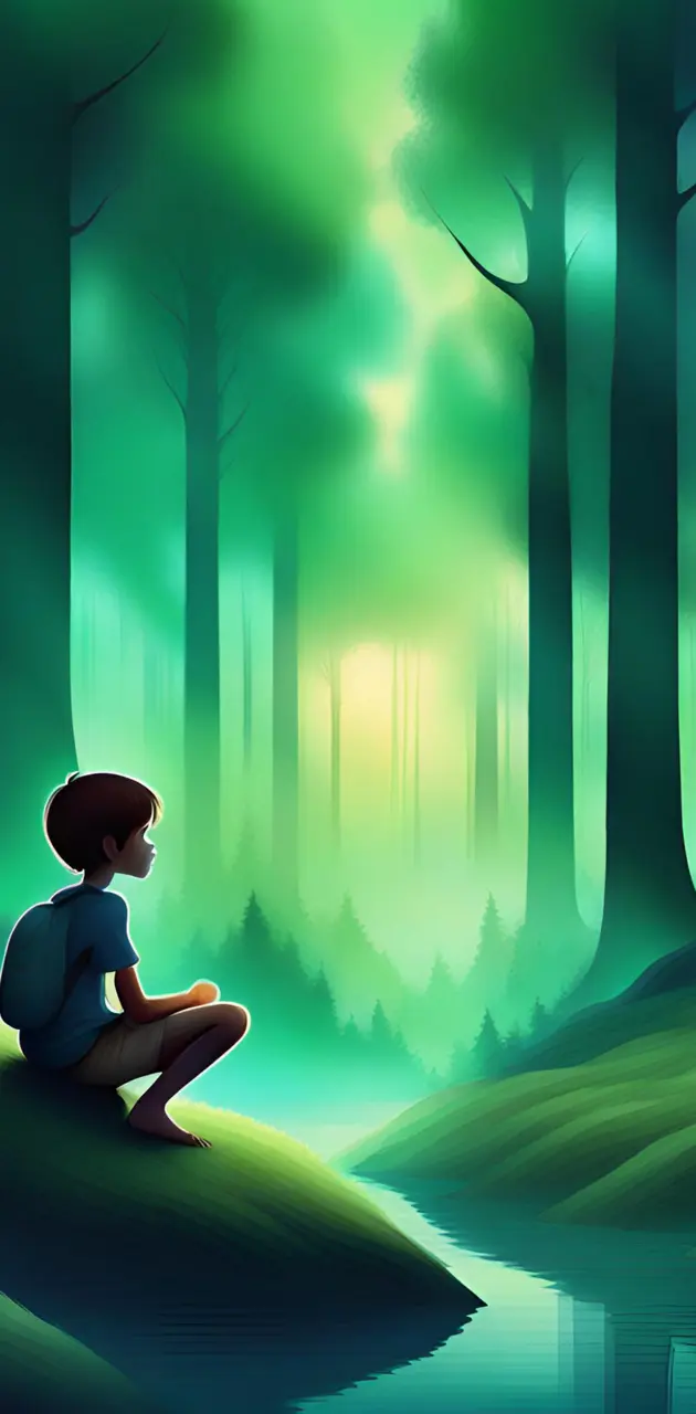 alone boy in dark forest