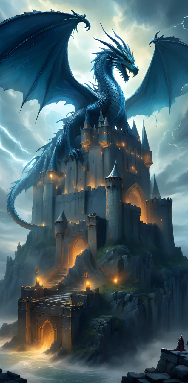 a large castle with a dragon