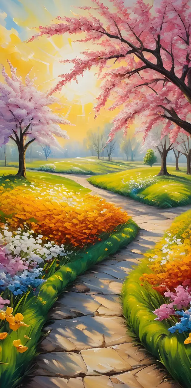 a path with flowers and trees on either side of it