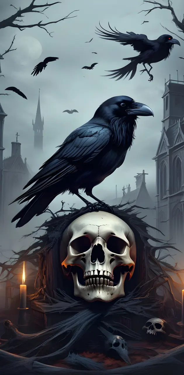 Raven on a skull