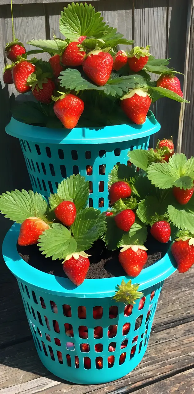 a blue bucket full of strawberries