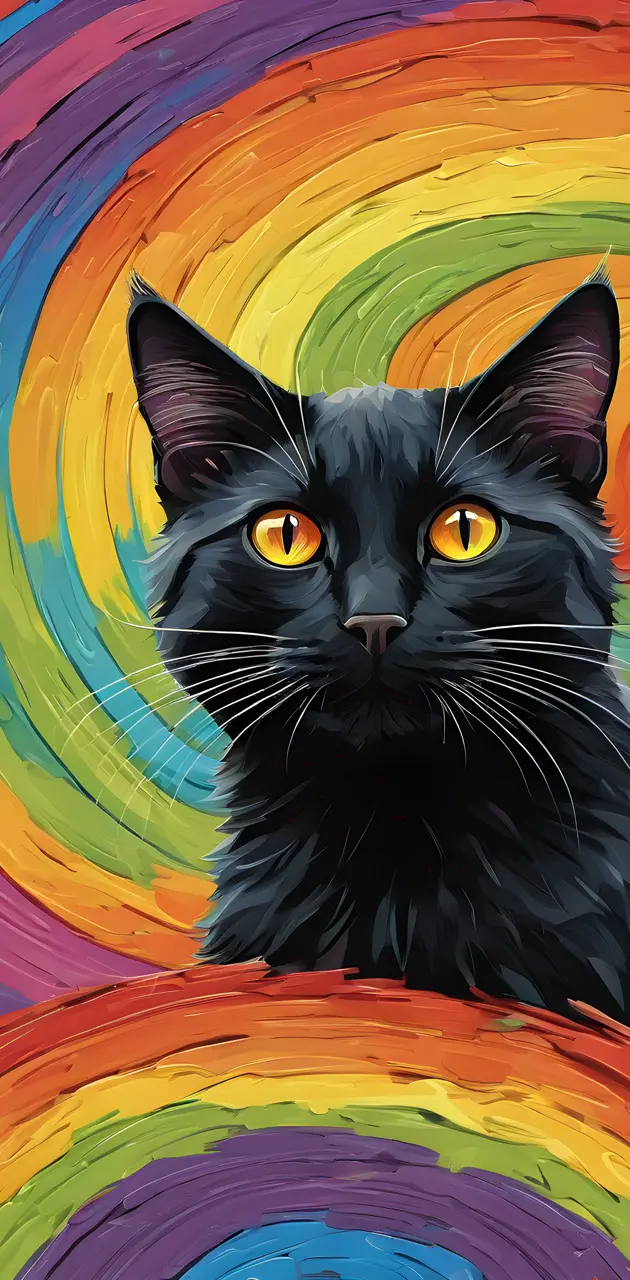 a black cat in a colorful circle