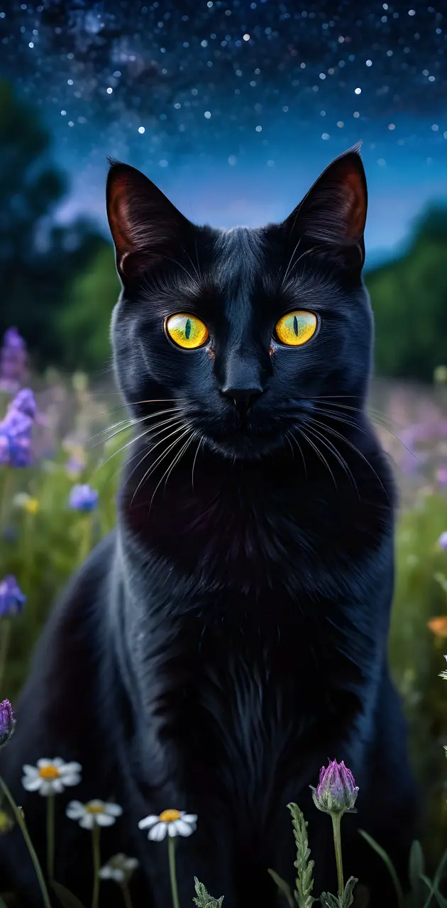 a black cat in a field of flowers