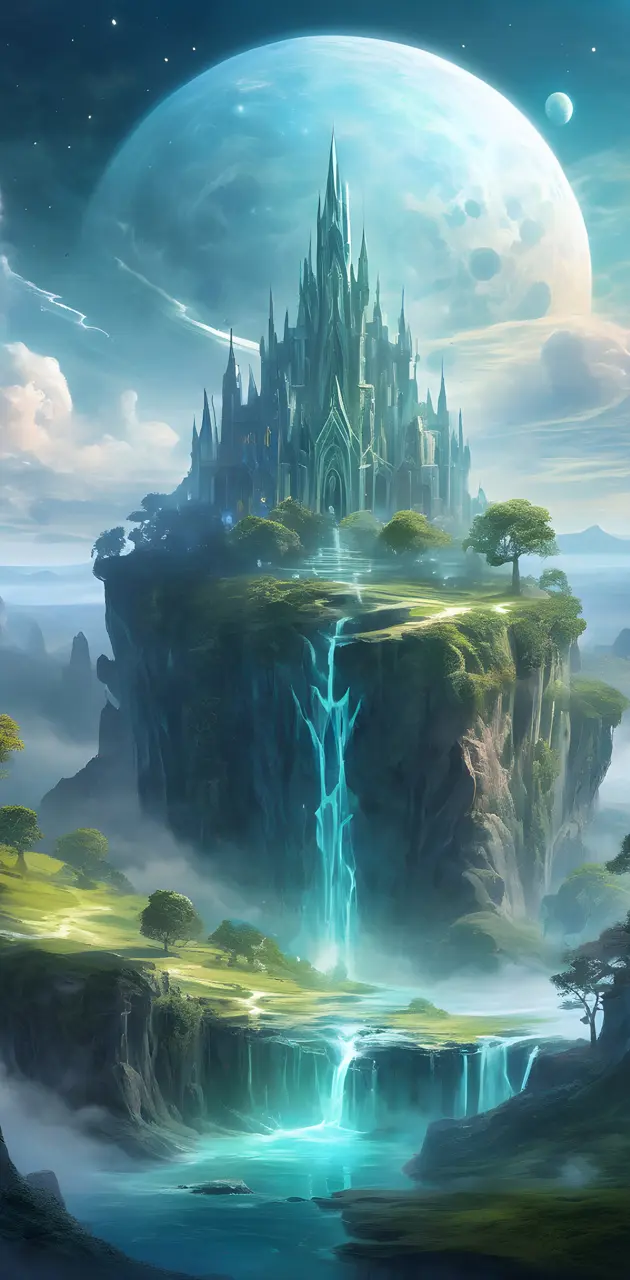 a large waterfall and a large building on a mountain fantasy view
