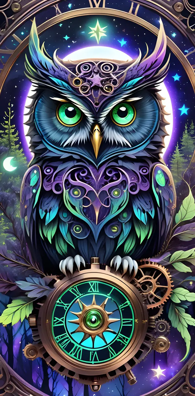 steampunk owl in a forest