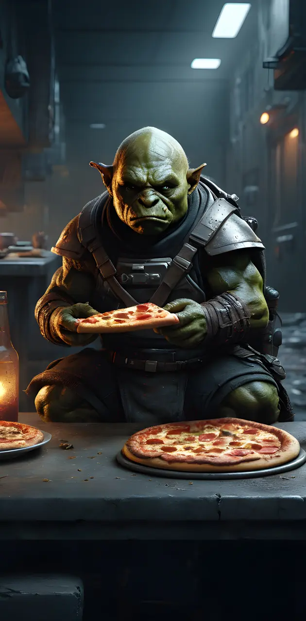 Orc holding a pizza