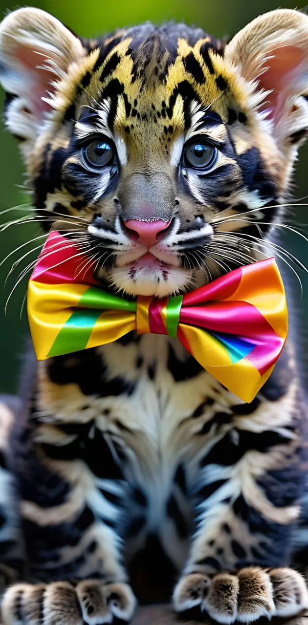 clouded leopard cub with multi colored bow 