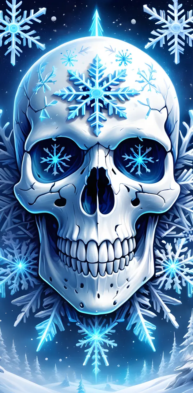 a blue skull with snowflakes