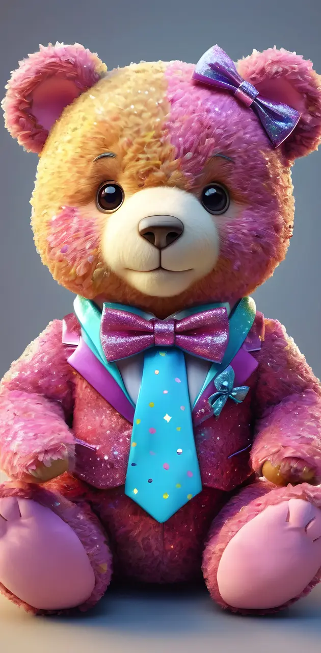 a stuffed bear wearing a purple tie