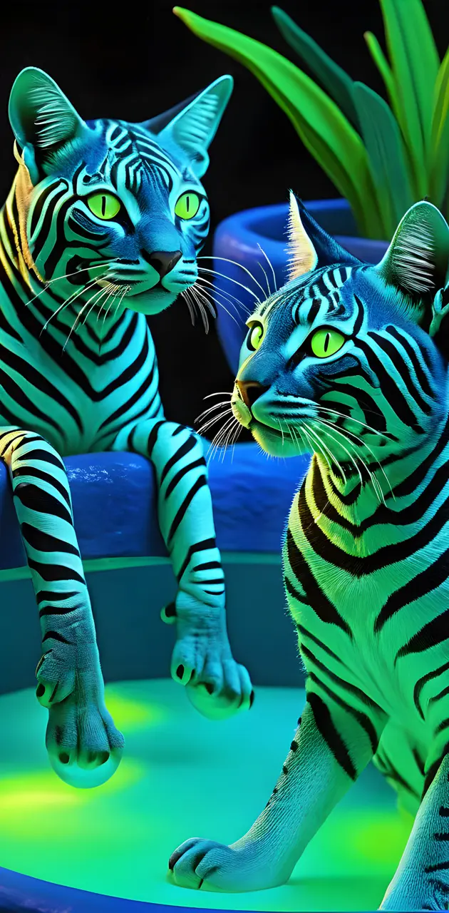 2 glowing blue zebracats