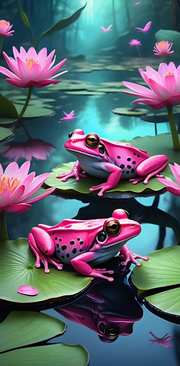 frogs on lilly pads in pond
