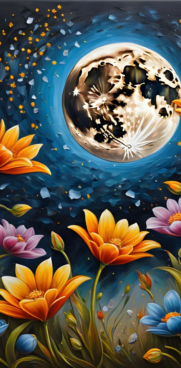 a painting of a wmoon. ith flowers