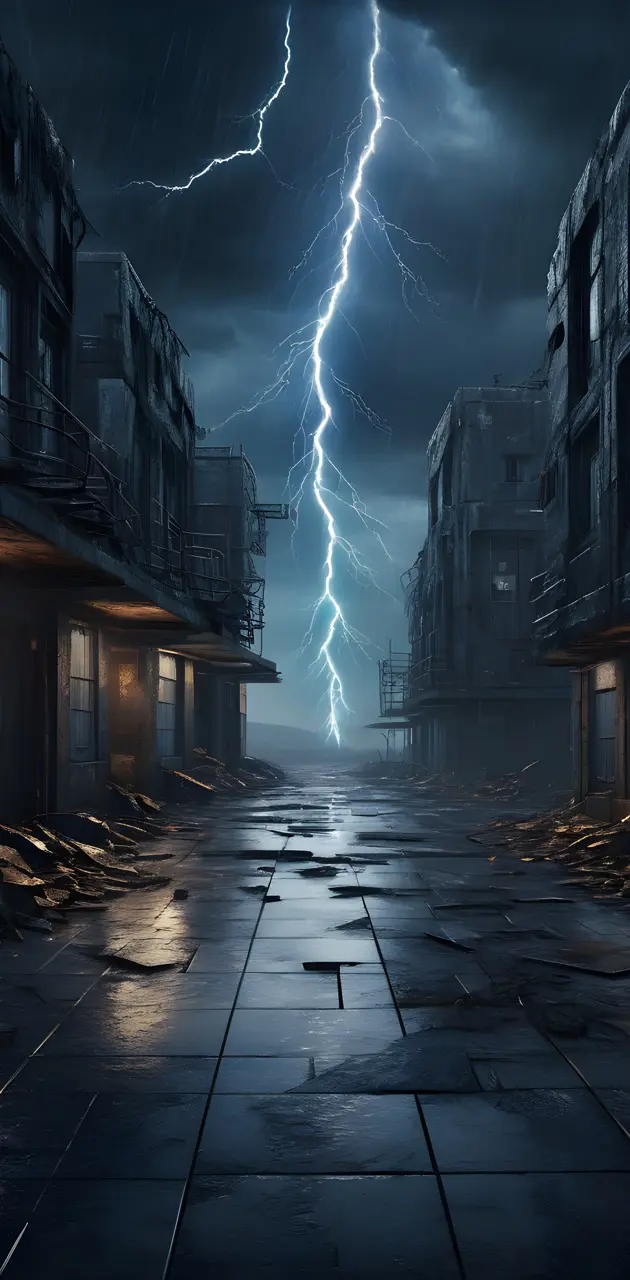 a lightning bolt striking a city street