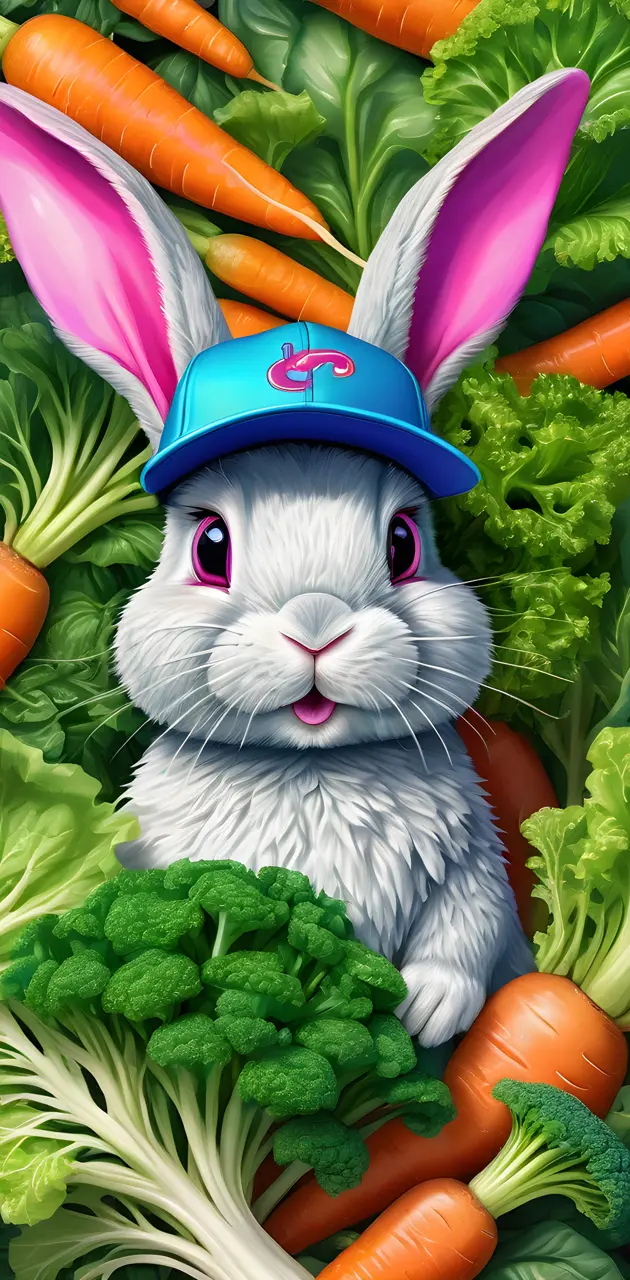a rabbit wearing a hat surrounded by vegetables