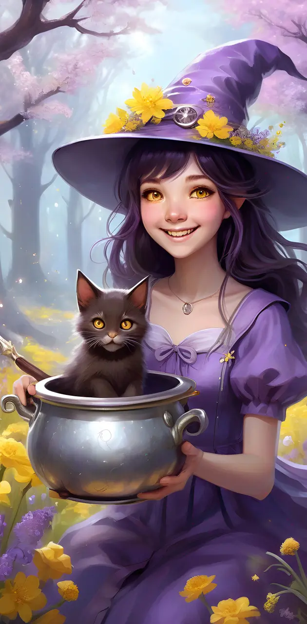 Springtime Witch with kitten
