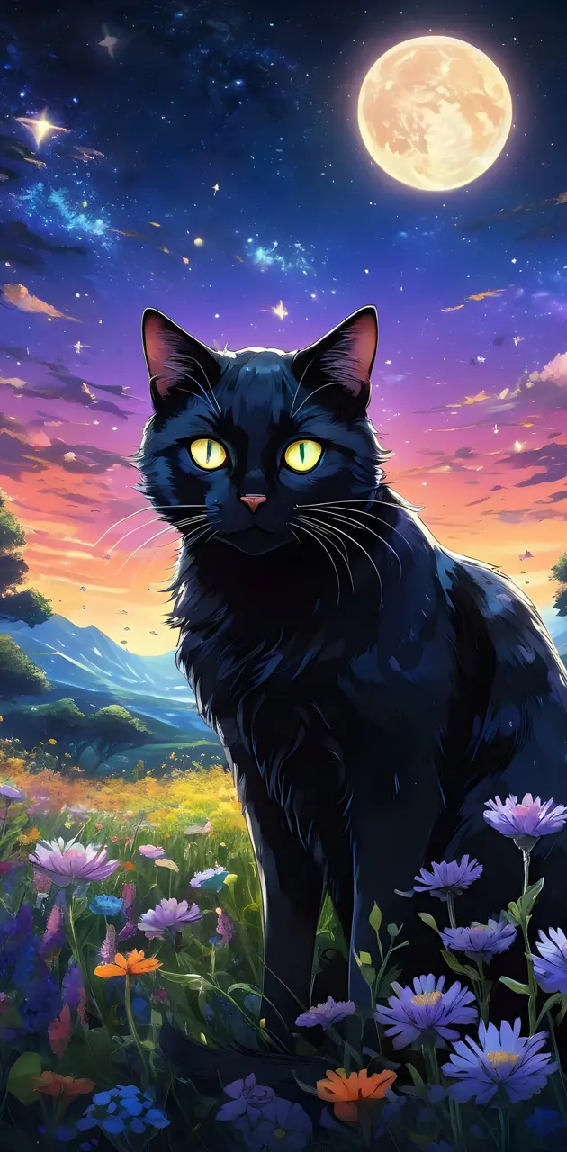 a cat standing in a field of flowers with the moon in the background