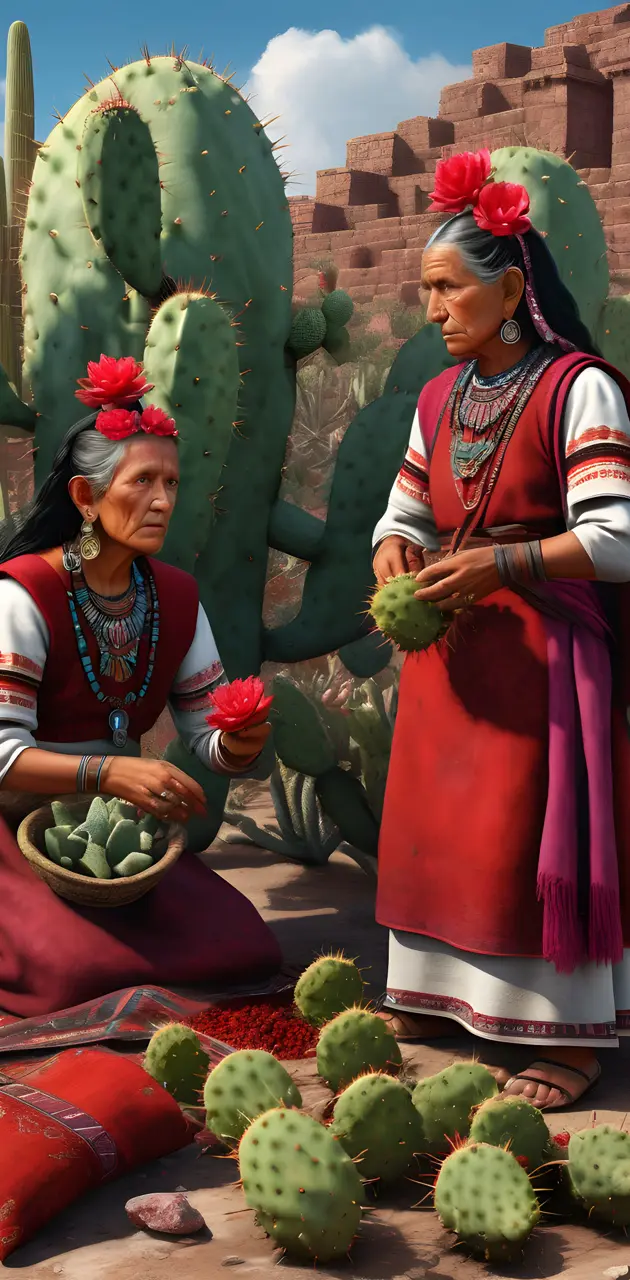 Ancient Meso American Women Collecting Cochineal beetles Prickly pear