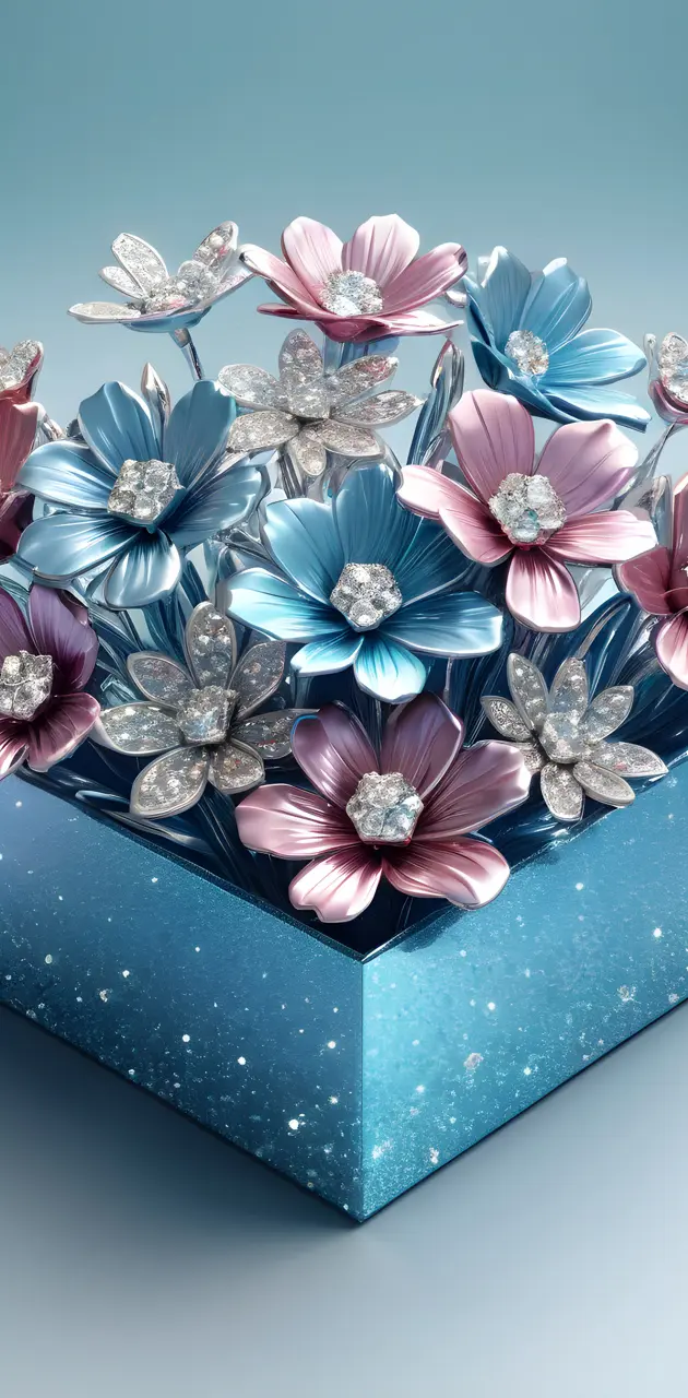 a blue box with purple flowers