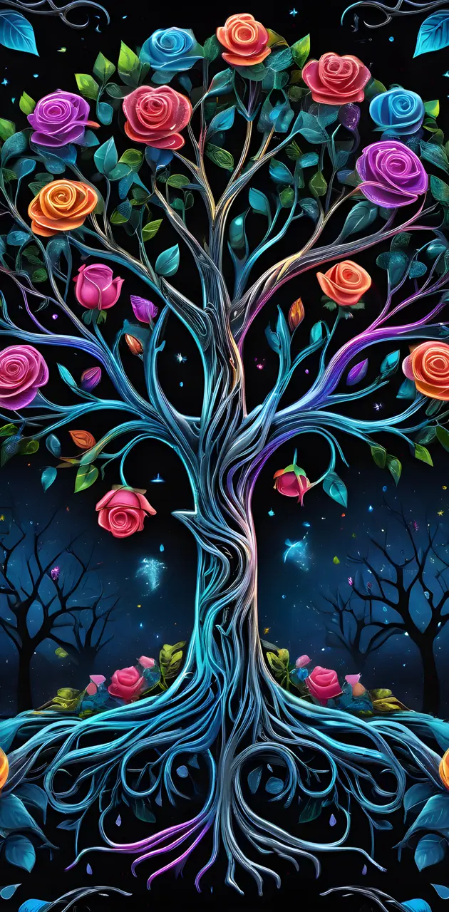 Colorful Roses on Tree At Night