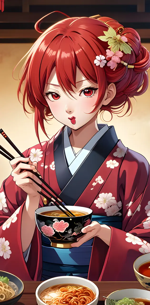 Red hair anime woman eating ramen