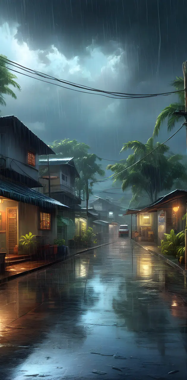 a wet street with buildings and palm trees on either side of it