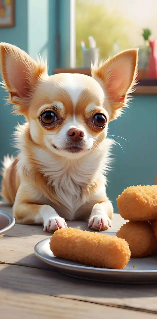 Chihuahua à poil long en train de manger des croquettes