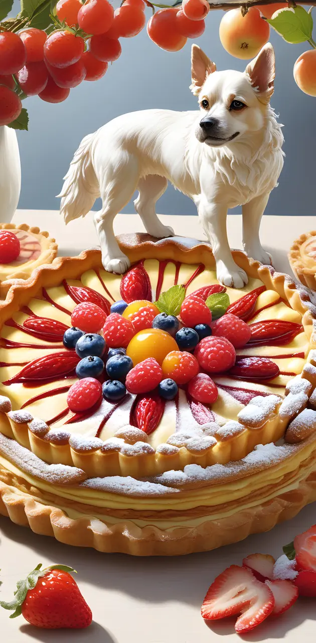a dog standing on a cake