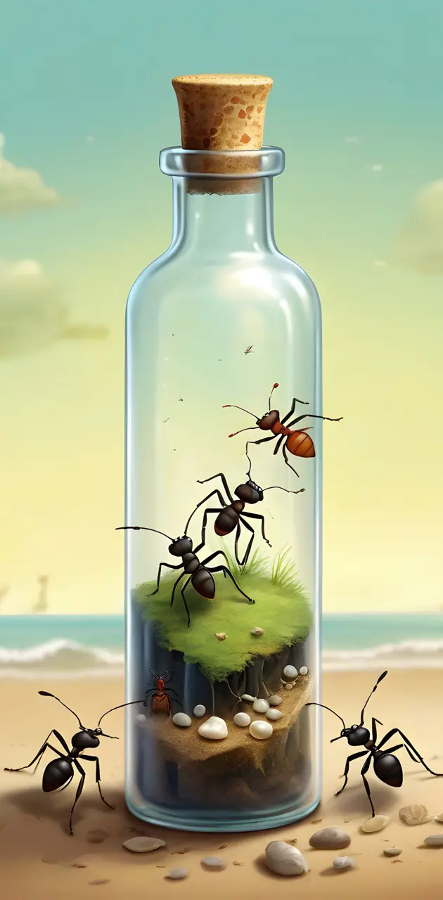 a glass bottle with a bug on the side and a spider on the side