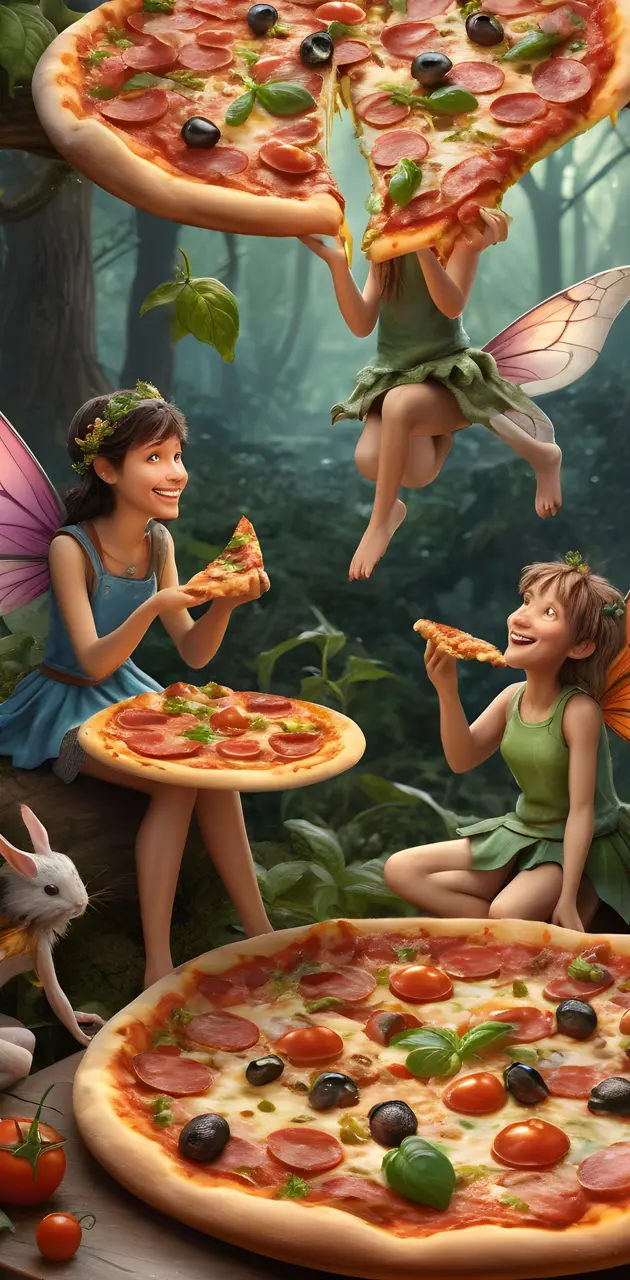 Fairies enjoying a pizza