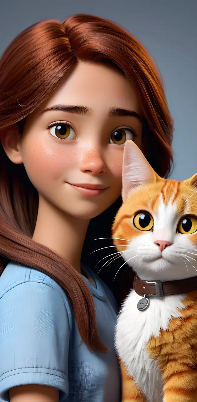 Chica Pixar con gato naranja