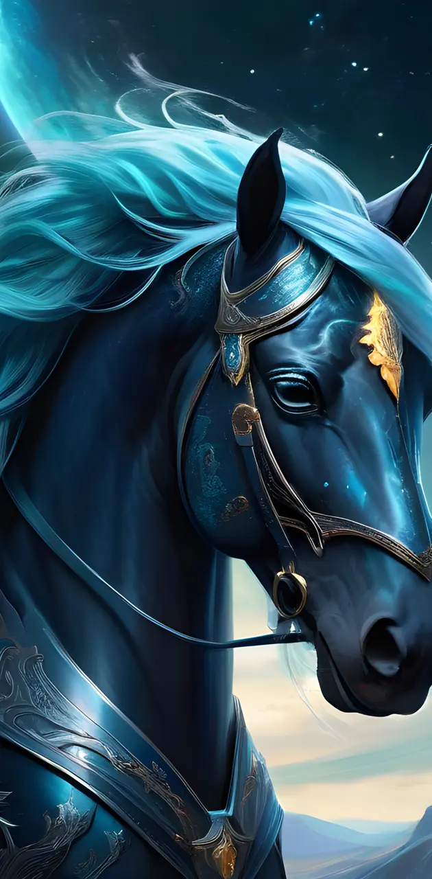 Black horse with blue hair