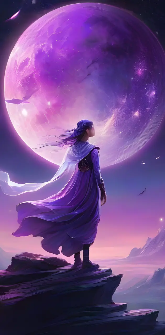 a person in a dress and a cape standing in front of a planet