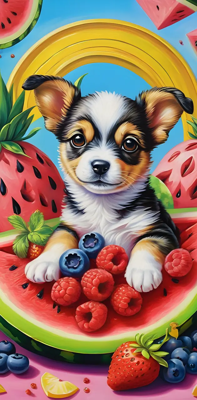 a dog in a bowl of fruit