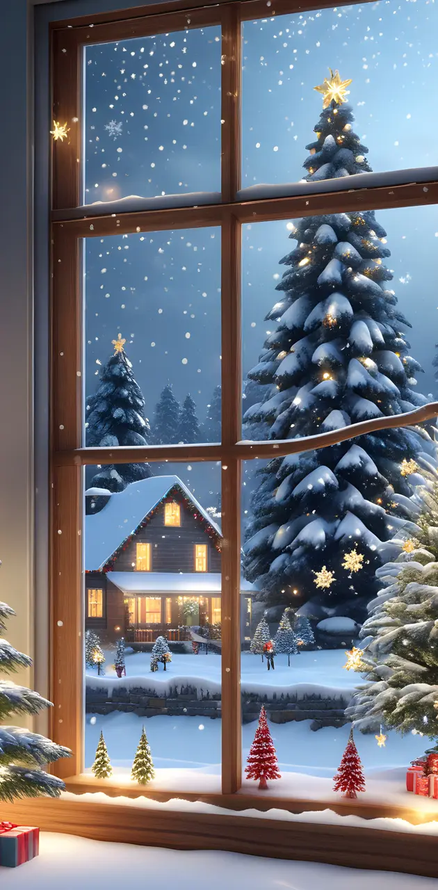 window view country house snow and Christmas time