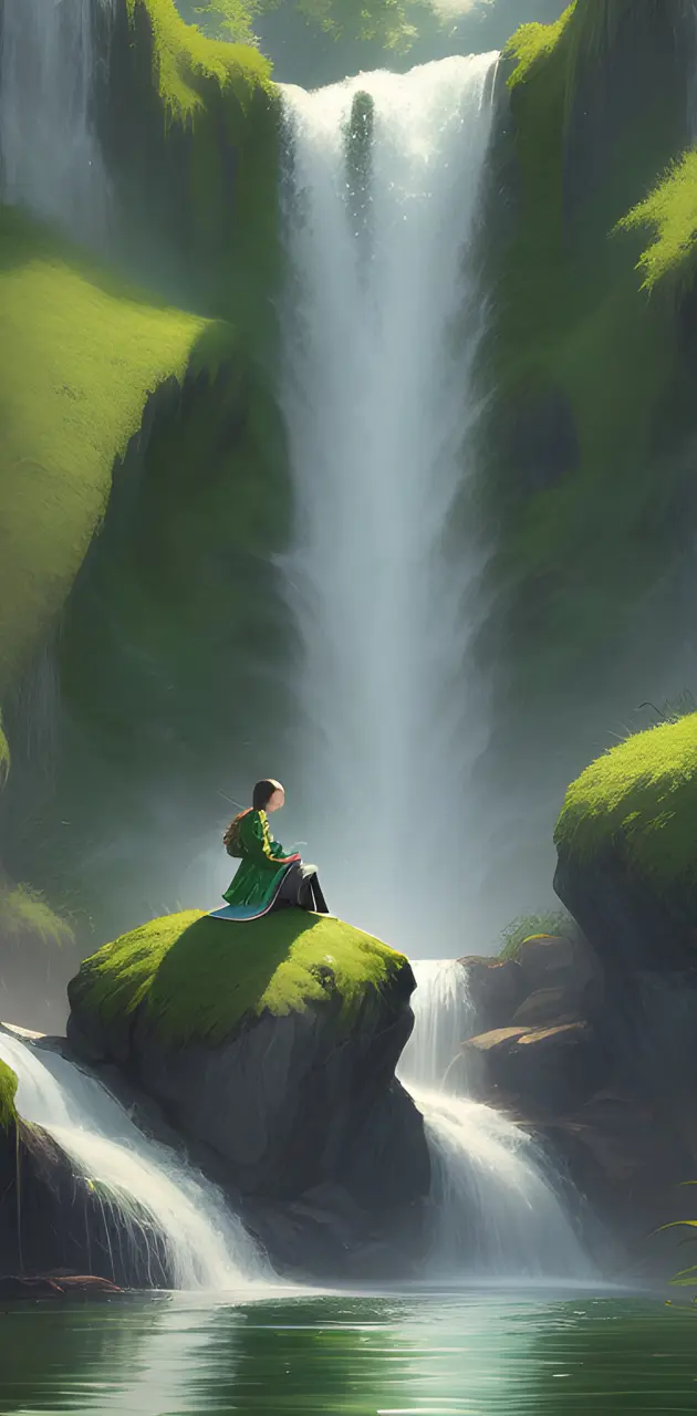 a girl sitting on a rock by a waterfall