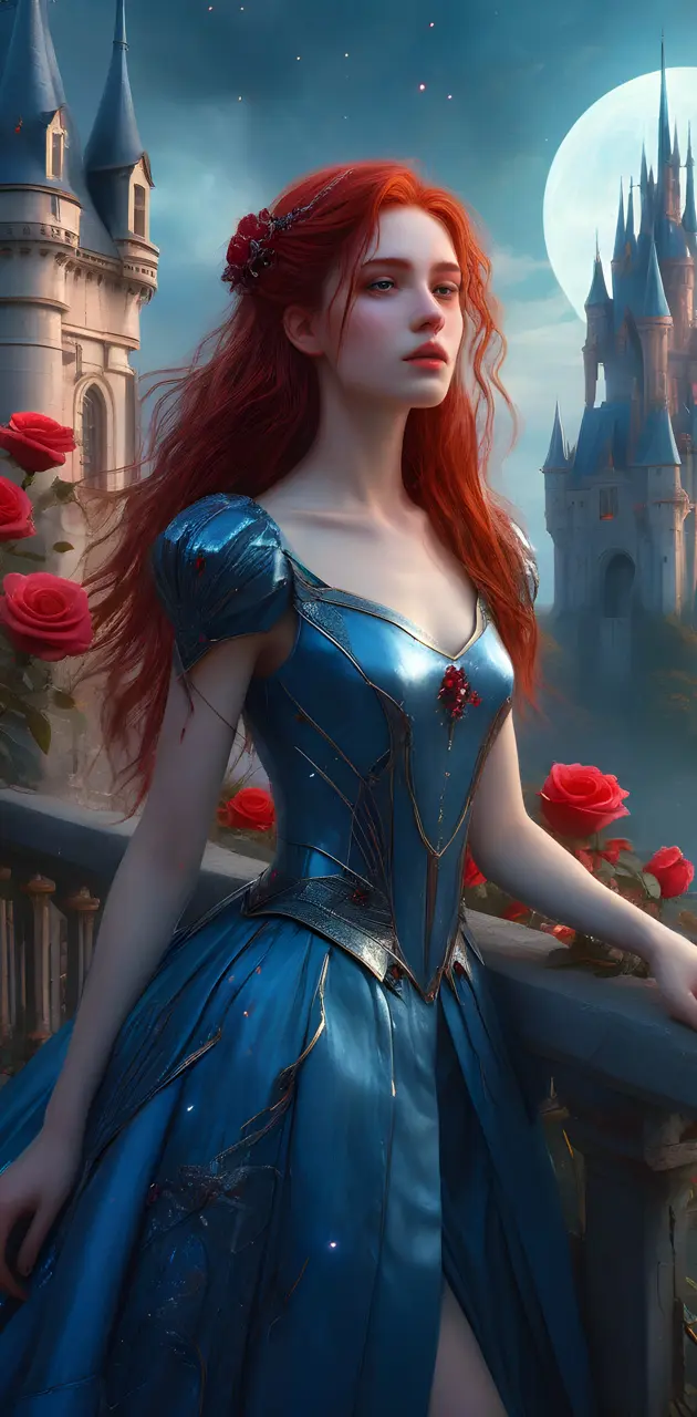 Girl With Auburn Hair And Blue Dress In A Dreamy Castle In France