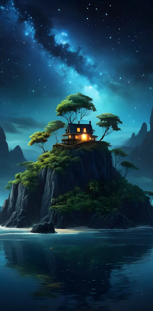 a house on a rock island with trees and stars in the sky
