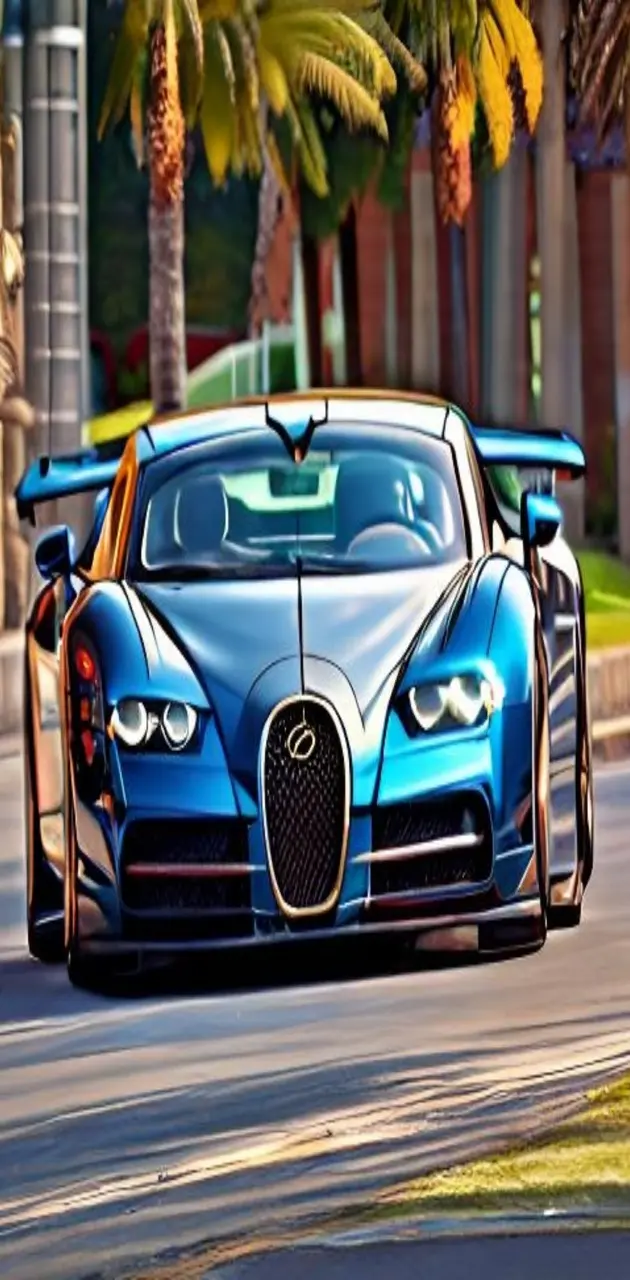 Blue Bugatti on the road 