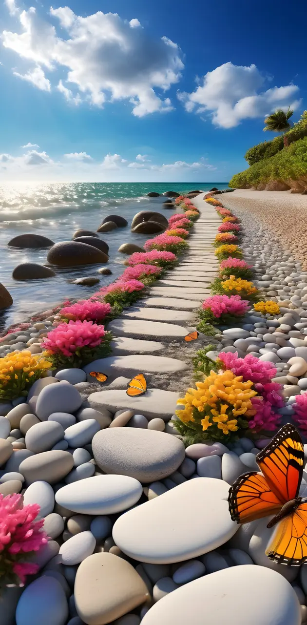 a rocky beach with flowers and a butterfly on it