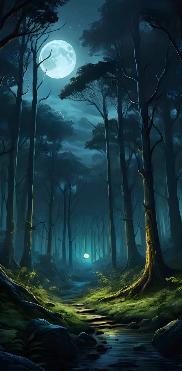 a forest with trees and the moon